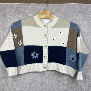 Luna Ivy 3D Crochet Oversized Patchwork Women's Floral Blue Tan Cardigan Sweater